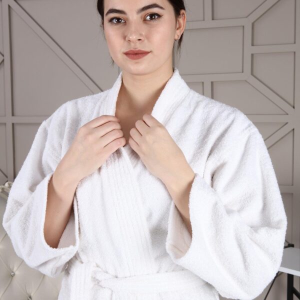 Unisex Pamuklu Beyaz Kimono Bukle Bornoz